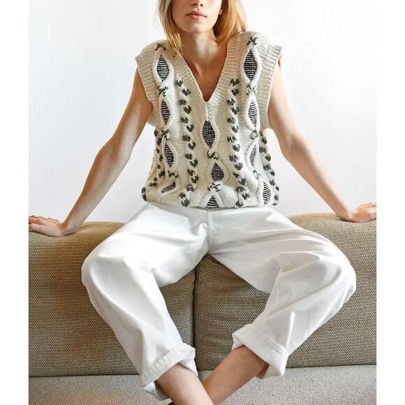 THE KNOTTY ONES Laime Handmade Alpaca Wool Cotton Vest Womens Large Cream V-neck - Picture 1 of 15